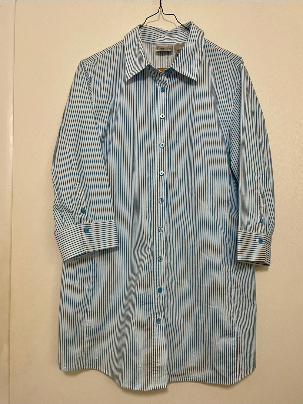 Chico’s Size 2 (L) Blue metallic silver Striped Button-Down Tunic Shirt Casual